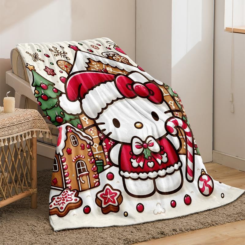 Hello Kitty Gingerbread House Pattern Blanket, Soft Cozy Throw Blanket, Air-Conditioned Room Blanket, Warm Nap Blanket for Home Office Travel Camping